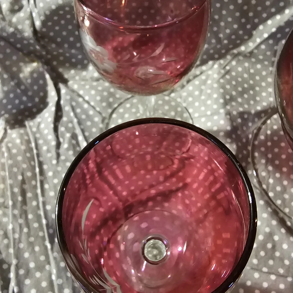 Ruby Red Etched Glass Decanter Set - 6 Stemmed Glasses